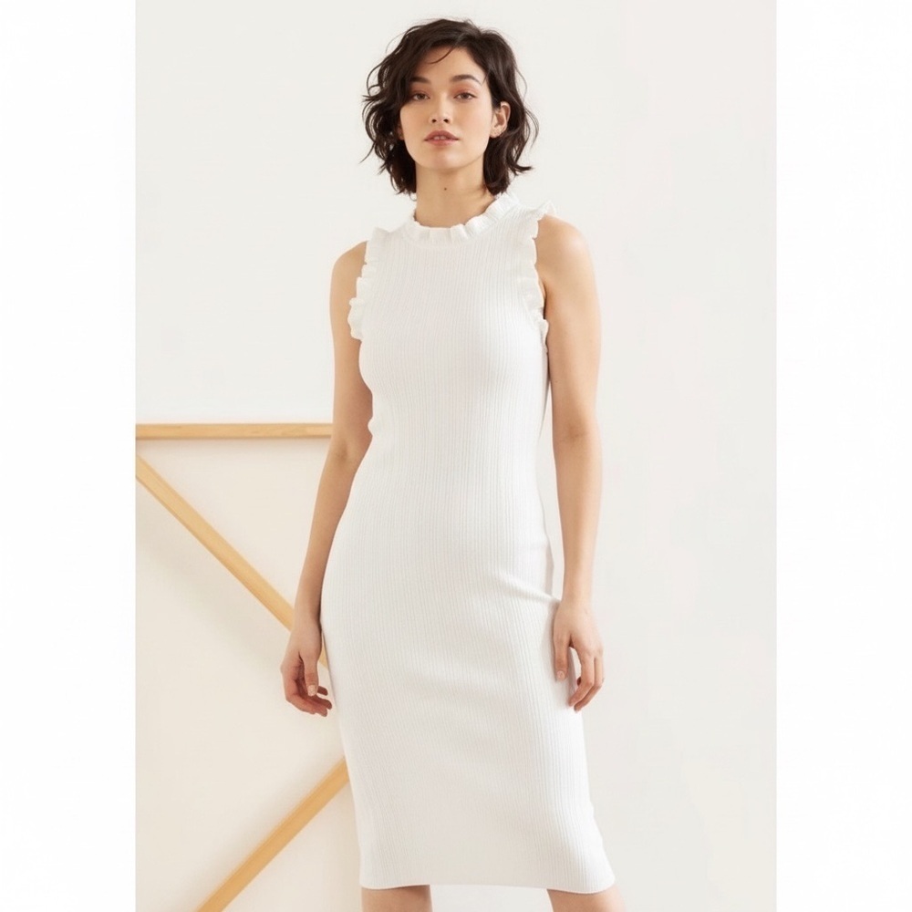 Modern Citizen Madelyn White Ruffle Minimalist Contemporary Midi Luxe Dress